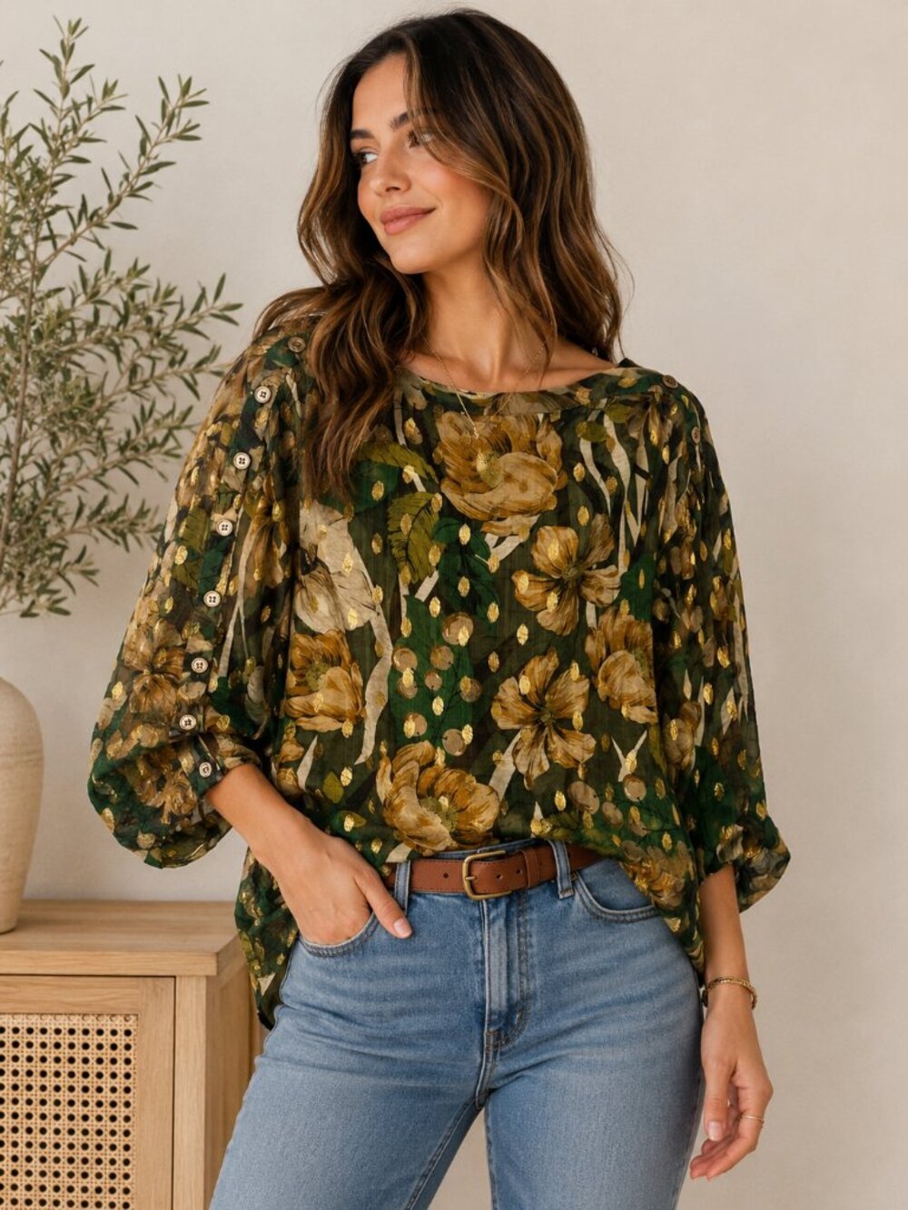 Buru Floral Metallic Dot Cotton Blouse Green Gold Balloon Sleeve Top